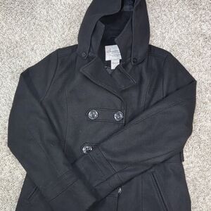 American Rag Cie Womens Large Black Hooded Peacoat Wool Blend Double Breasted